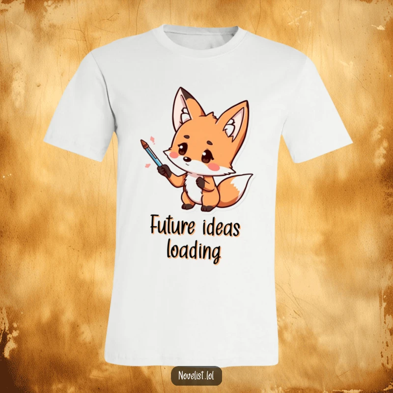 Funny graphic t-shirt, kawaii fox with pen, dramatic gesture, thoughtful expression, perfect for creative and funny gift lovers.
