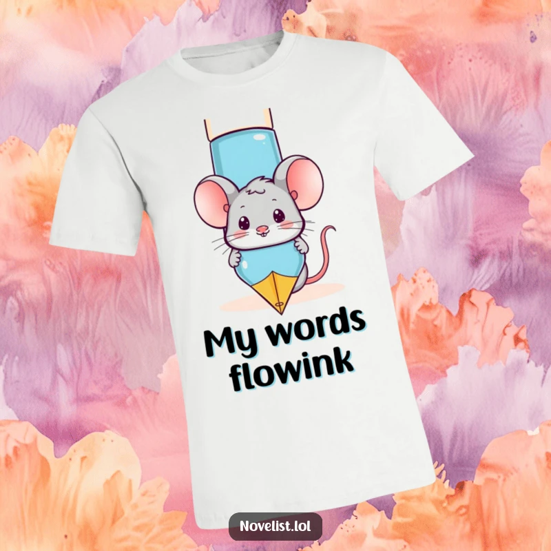 Funny mouse peeking playfully behind a massive fountain pen, a whimsical and humorous t-shirt design for creative souls.