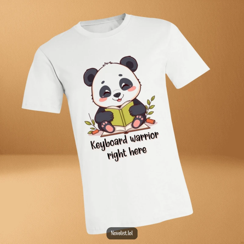 Funny t-shirt with a happy panda character joyfully writing a story, conveying a peaceful and creative mood for readers.
