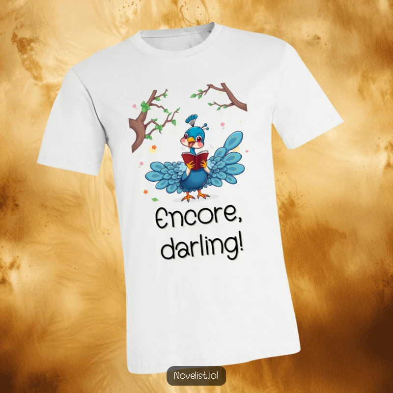 Funny t-shirt featuring a dramatic peacock acting out a scene from a novel, exuding theatrical flair, ideal for bookish performers.
