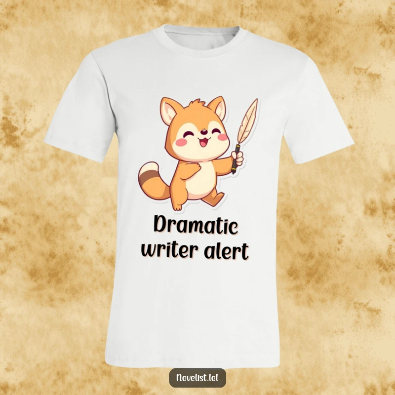Funny t-shirt showing a playful animal character in a grand pose, dramatically holding a quill pen high, ready to write an epic.