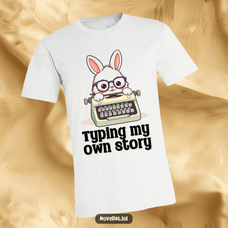 Funny t-shirt with a fluffy rabbit wearing crooked glasses, typing humorously on a vintage typewriter, ideal for authors and animal fans.
