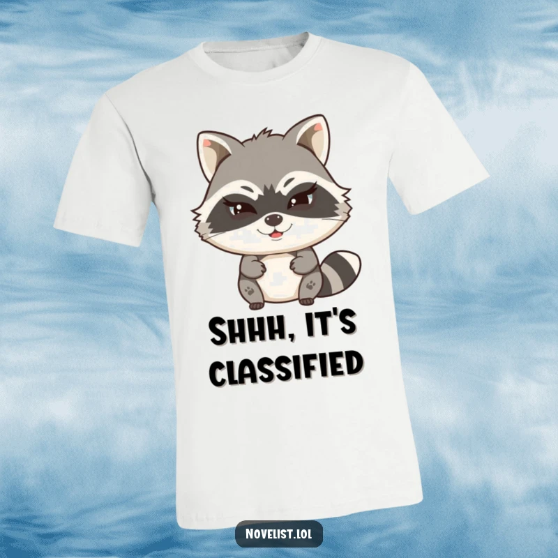 Funny t-shirt featuring a witty raccoon character typing with a mischievous wink and a secret story, ideal for clandestine writers.