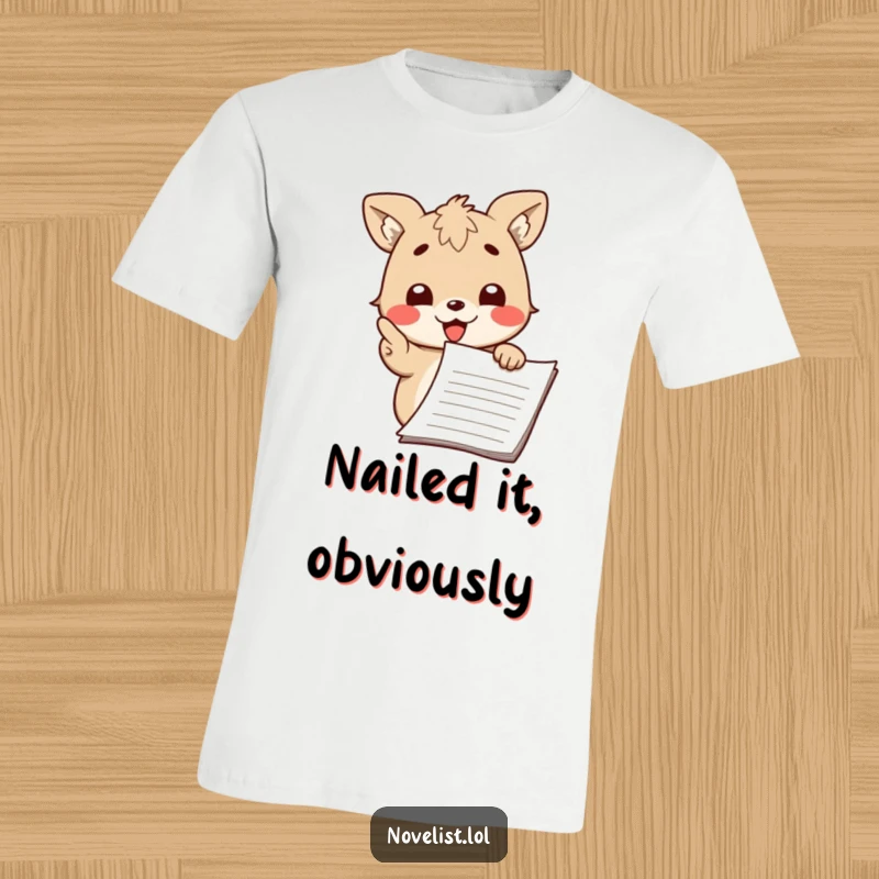 Funny t-shirt showing a cute animal character passionately pointing at a manuscript with a beaming smile, embodying intellectual enthusiasm.