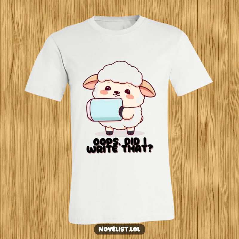 Funny t-shirt showing a gentle sheep using a comically large eraser to remove a sentence, representing overcoming errors with humor.