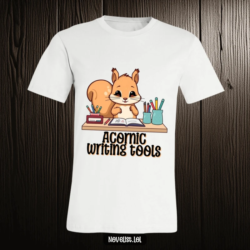 Funny t-shirt featuring a diligent squirrel carefully arranging writing utensils on a desk. A humorous depiction of order and focus.