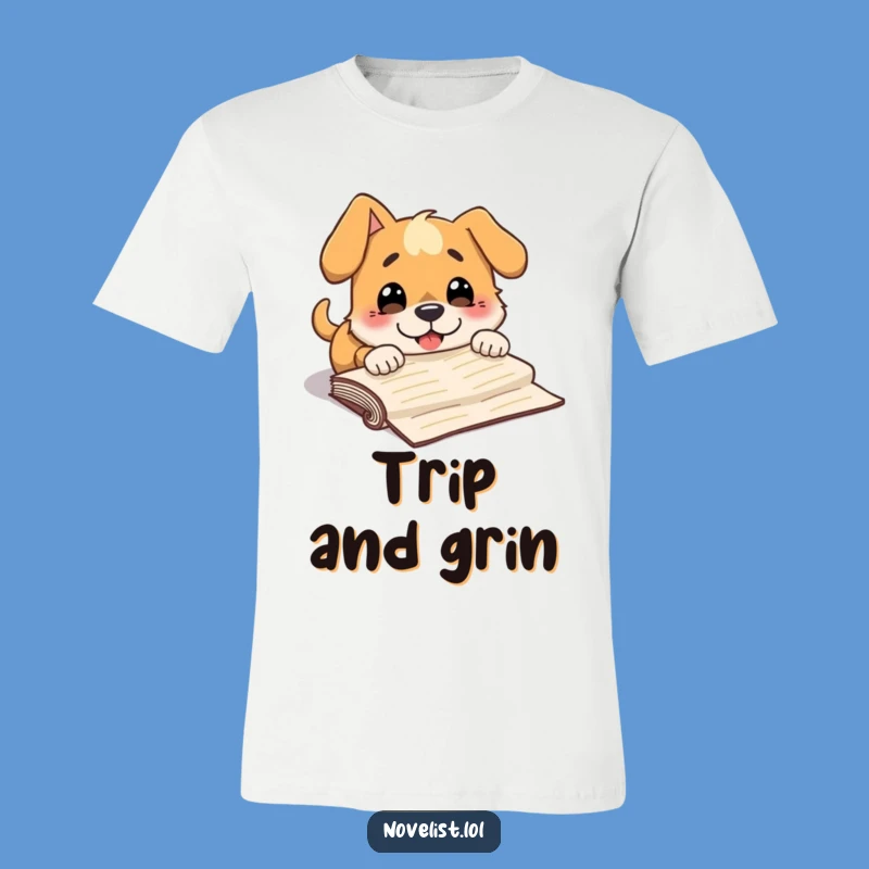 Funny Tripping Dog Manuscript T-Shirt: Surprised Character's Writer Humor Gift