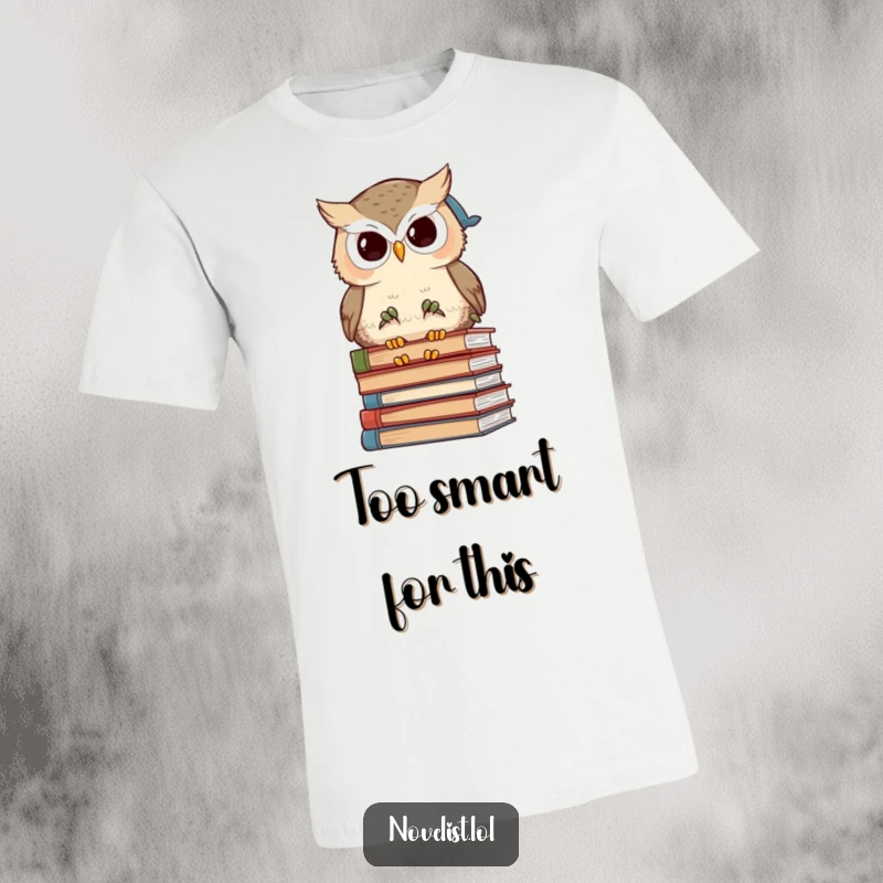 Funny wise owl character contemplating a large pile of books on a soft cotton t-shirt, ideal for bookish humor.