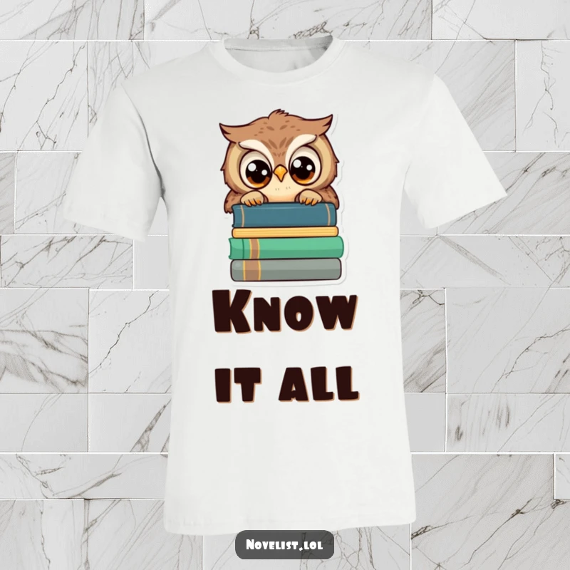 Funny t-shirt, wise owl peeking over books, wide eyes, intellectual humor for book lovers and funny gift seekers.