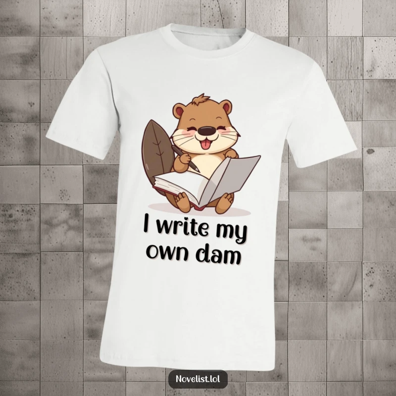 Funny Beaver T-Shirt: A busy beaver with a quill pen, scribbling enthusiastically in a large book, celebrating creativity.