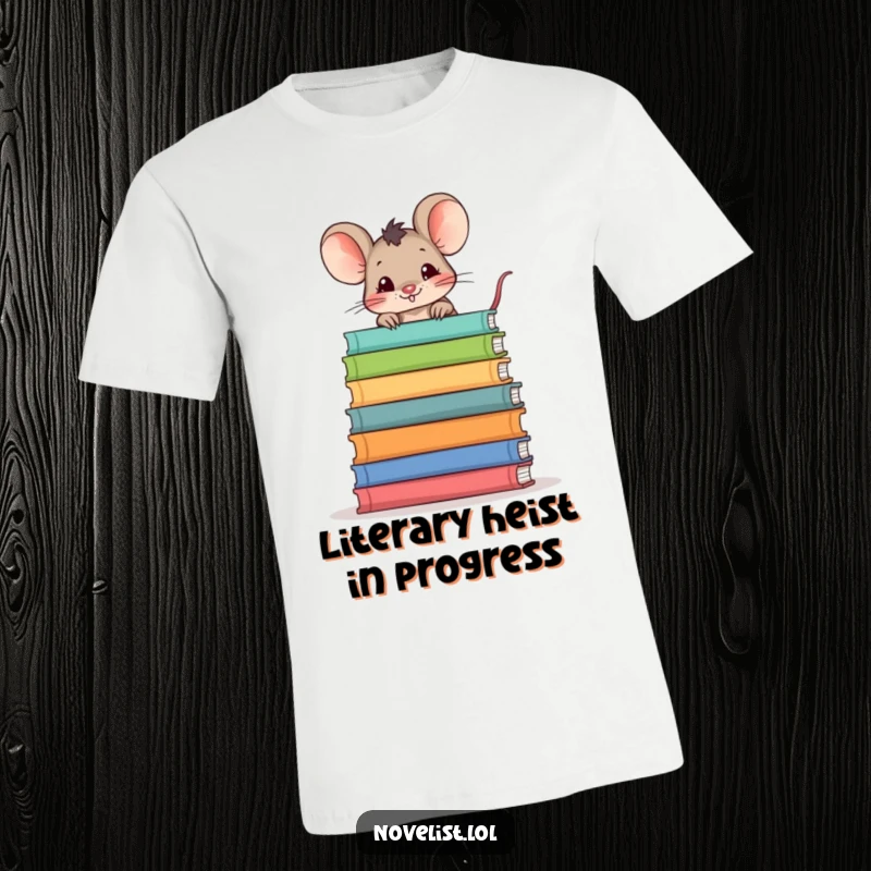 Funny t-shirt depicting a mischievous mouse peeking over a huge pile of storybooks, highlighting a love for literature and a hint of rule-breaking.