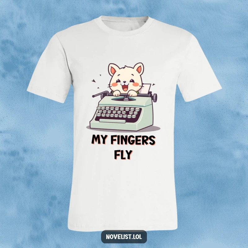 Funny t-shirt featuring a cute animal character enthusiastically typing on a vintage typewriter, with keys mid-air, showcasing a humorous writing session.