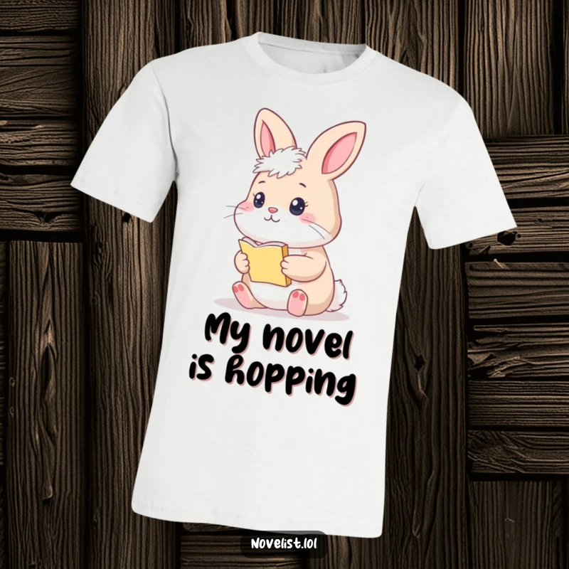 Funny Bunny T-Shirt: A thoughtful bunny holding a tiny manuscript, looking contemplative and creative.