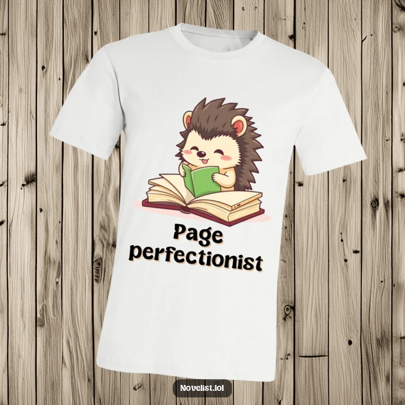 Funny t-shirt of a small hedgehog character enthusiastically organizing book pages with expert precision and care.