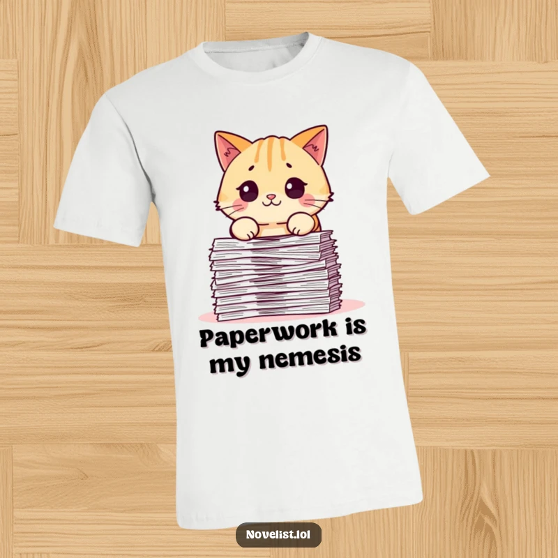 Funny t-shirt with a startled, pudgy cat character looking shocked at a huge pile of papers, a humorous take on office life.