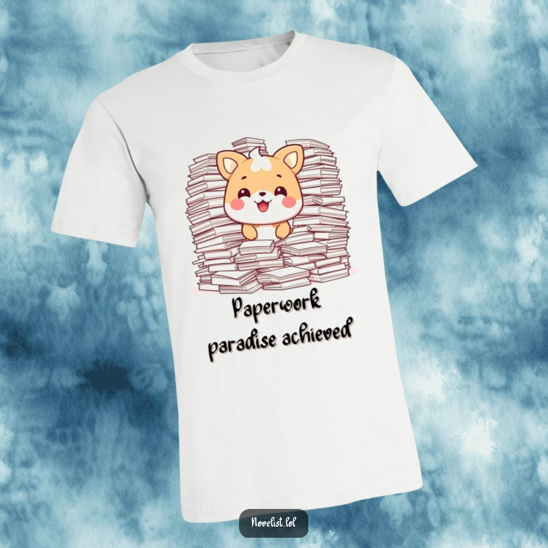 Funny T-Shirt showing a happy animal character surrounded by overflowing stacks of paper, looking pleased and accomplished.