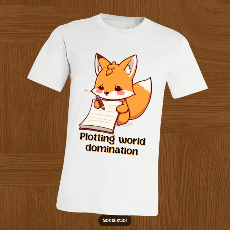 Funny determined fox character energetically writing in a huge notebook on a t-shirt, perfect for creative expression.