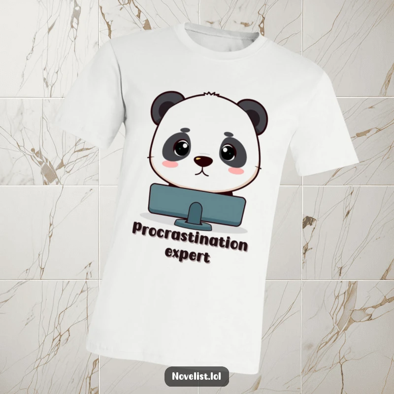 Funny panda intensely staring at a blinking cursor on a screen, a humorous t-shirt for programmers and tech enthusiasts.