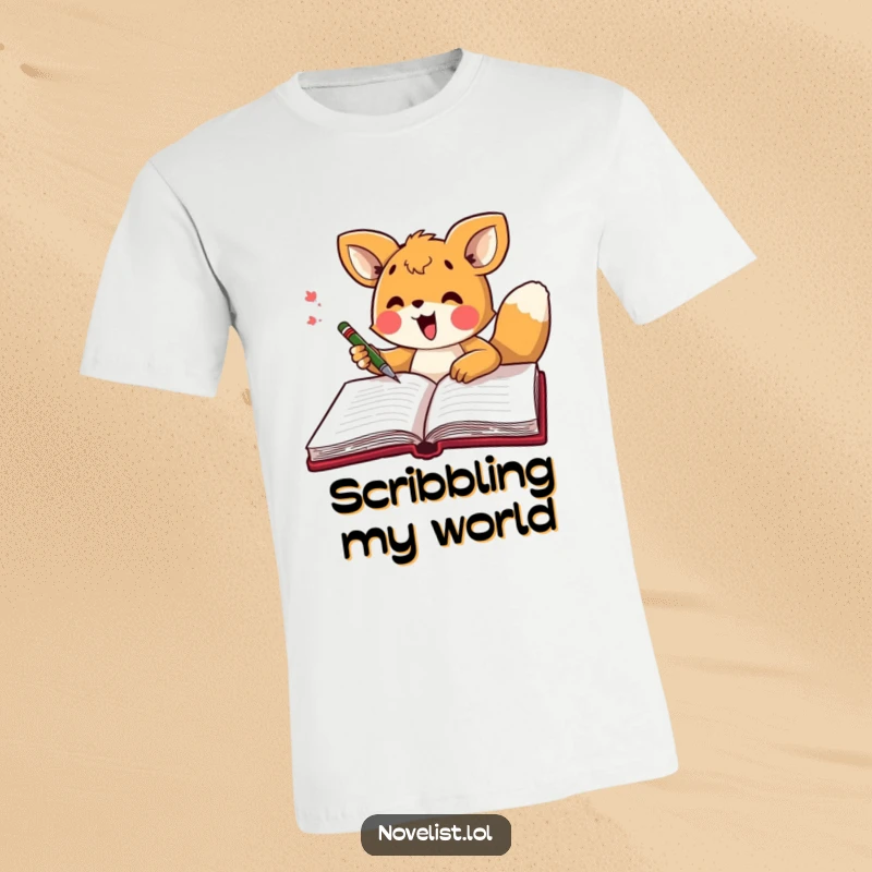 Funny t-shirt showing an energetic animal character excitedly scribbling in a large open notebook, radiating creative joy.