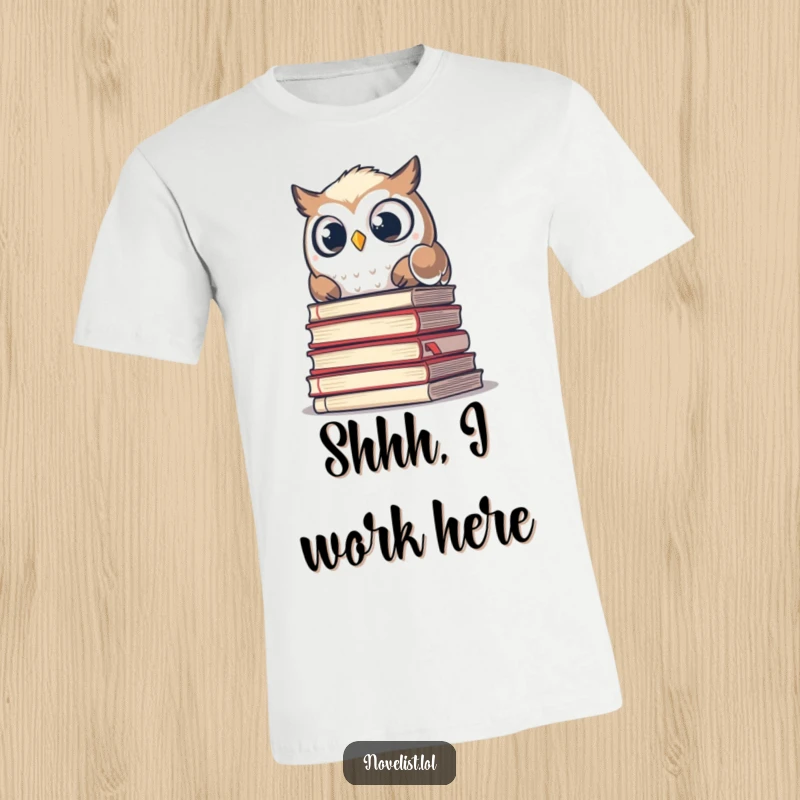 Funny t-shirt featuring a wide-eyed, surprised owl emerging from behind a towering pile of scholarly manuscripts, perfect for readers.