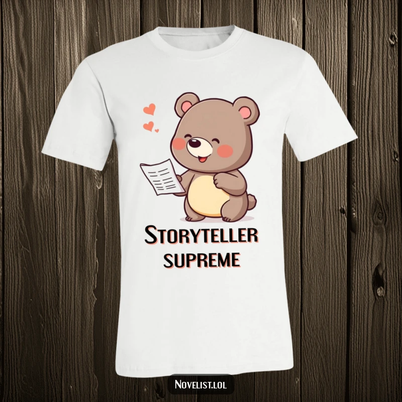 Funny t-shirt showcasing a playful bear character in mid-storytelling, using dramatic gestures to dictate an epic tale with comical enthusiasm.