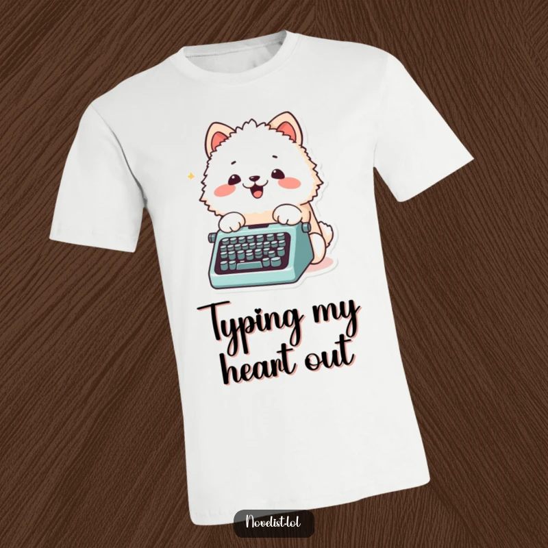 Funny T-Shirt showing a fluffy animal character excitedly typing on a tiny typewriter using its paws, highlighting creativity.
