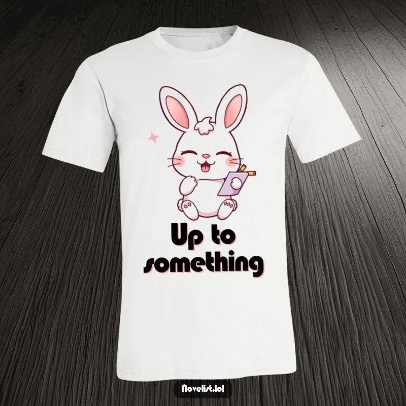 Funny t-shirt, winking rabbit, scribbling notes, playful smirk, stylish and humorous for funny gift seekers.