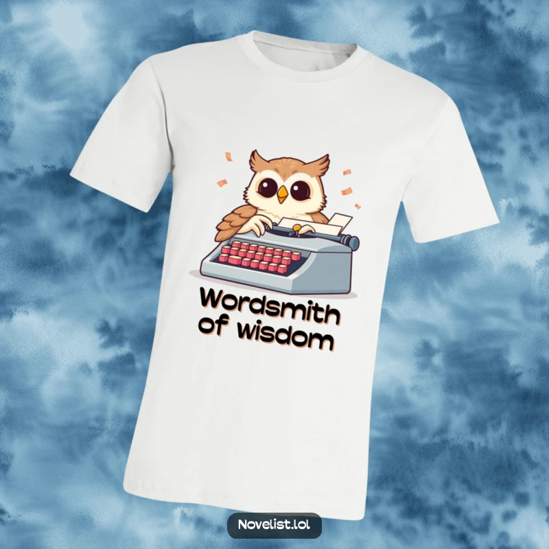 Funny t-shirt showing a wise owl pecking furiously at a typewriter with flying keys, a creative funny gift.
