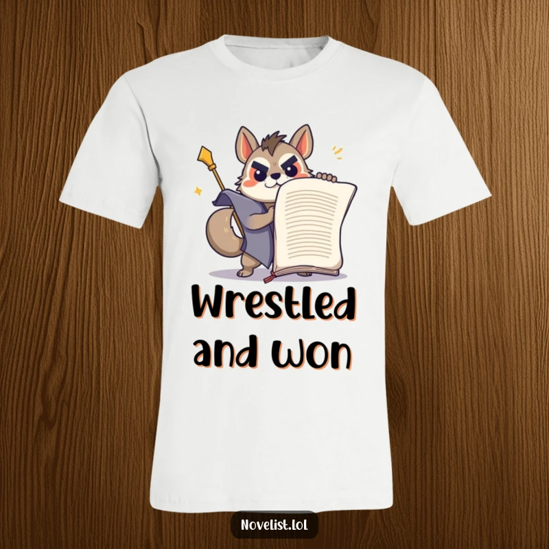 Funny determined animal heroically wrestling a giant manuscript on a comfortable t-shirt.