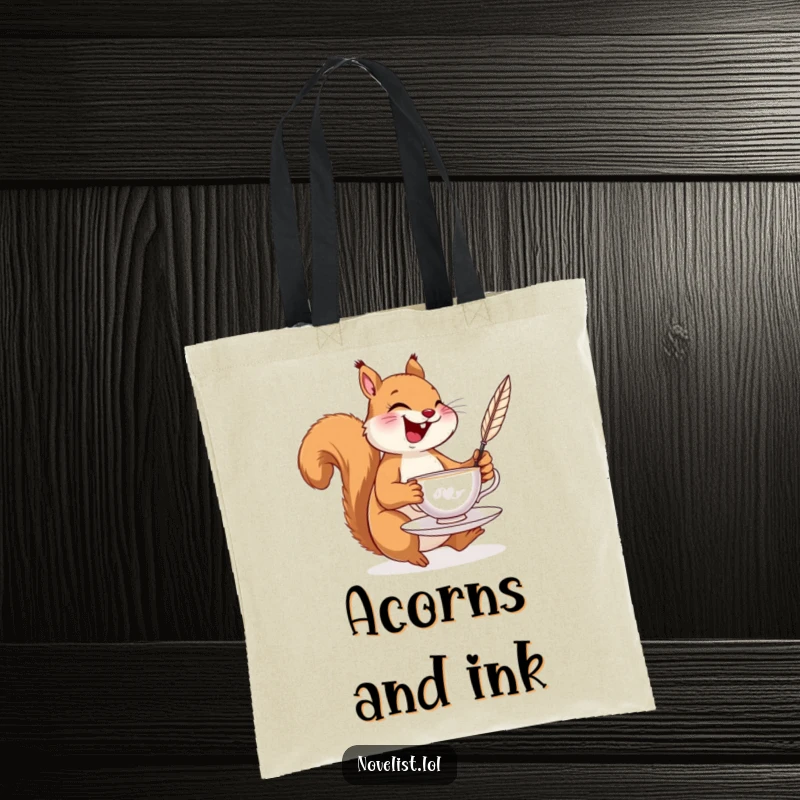 Funny tote bag with a laughing squirrel balancing a teacup and a quill pen, perfect for carrying supplies with humor.