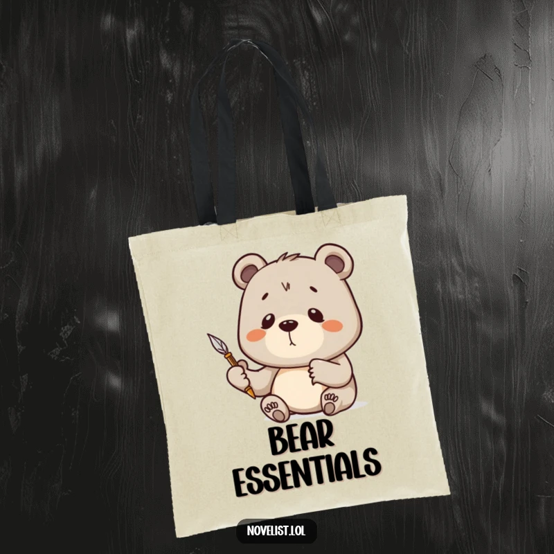 Funny Tote Bag with a serious bear holding a quill pen, symbolizing deep thought and creative writing. Perfect for carrying essentials.