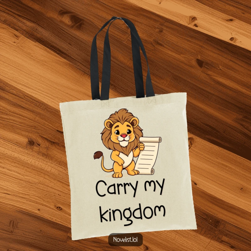 Funny tote bag with a proud lion standing regally beside a manuscript. Humorous and practical for carrying books or essentials.