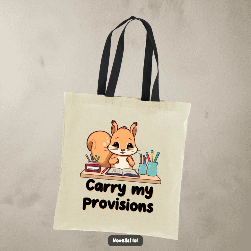 Funny tote bag with a diligent squirrel character meticulously arranging pens and pencils on a desk. Humorous and practical for carrying supplies.