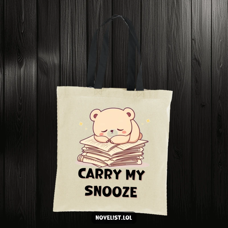 Funny tote bag with a sleepy bear napping on a stack of manuscript papers. Humorous, practical, and perfect for bookworms.