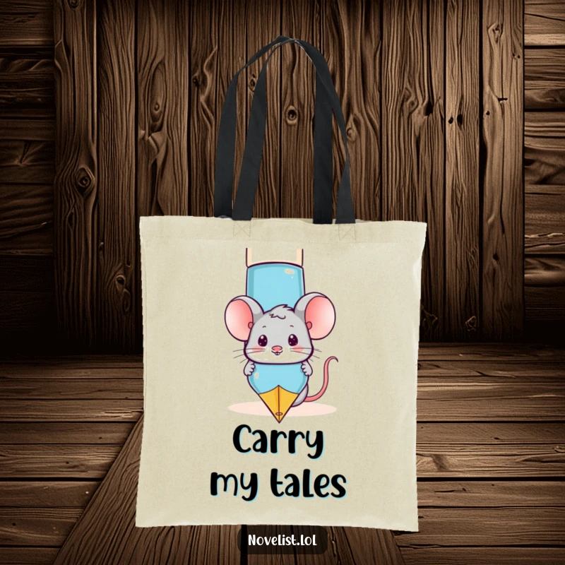 Funny mouse illustration peeking from behind a giant fountain pen, a practical and humorous tote bag for book lovers.