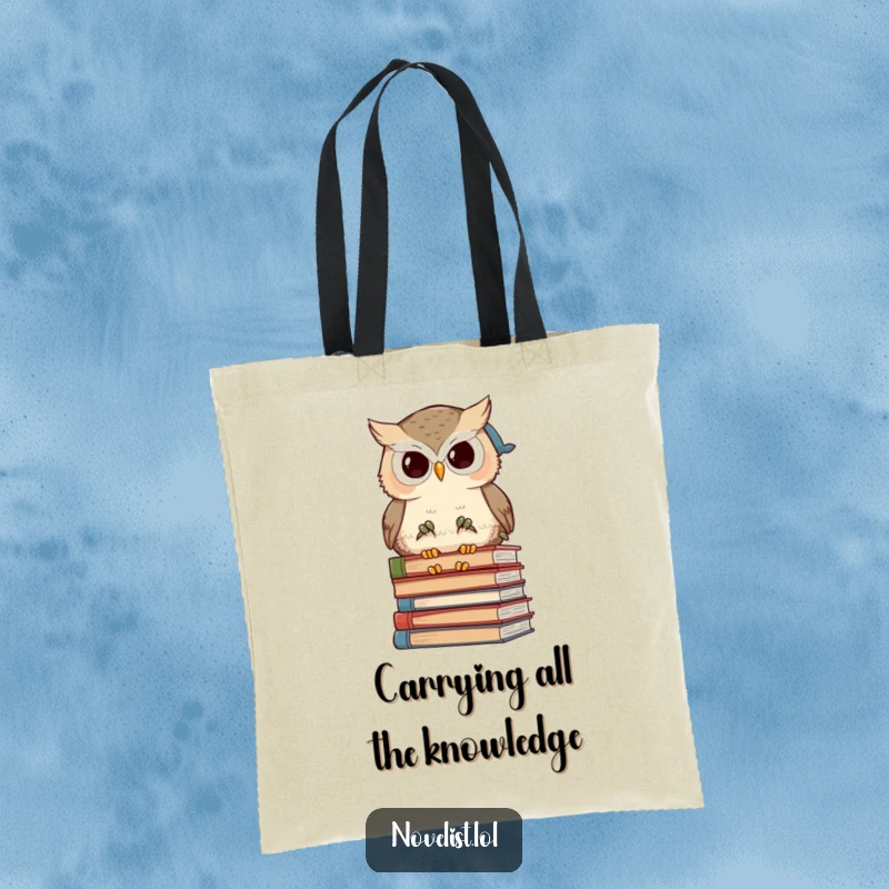 Funny wise owl character surrounded by books on a durable tote bag, perfect for carrying literary treasures humorously.