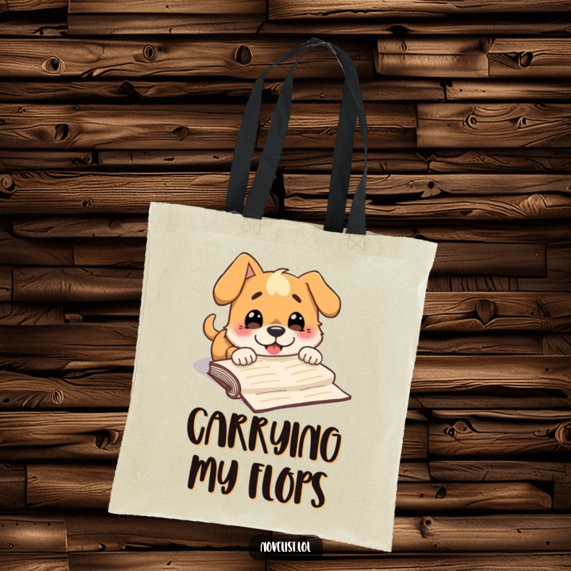 Funny tote bag with a dog character comically tripping over a manuscript, showcasing a surprised grin and writerly chaos.