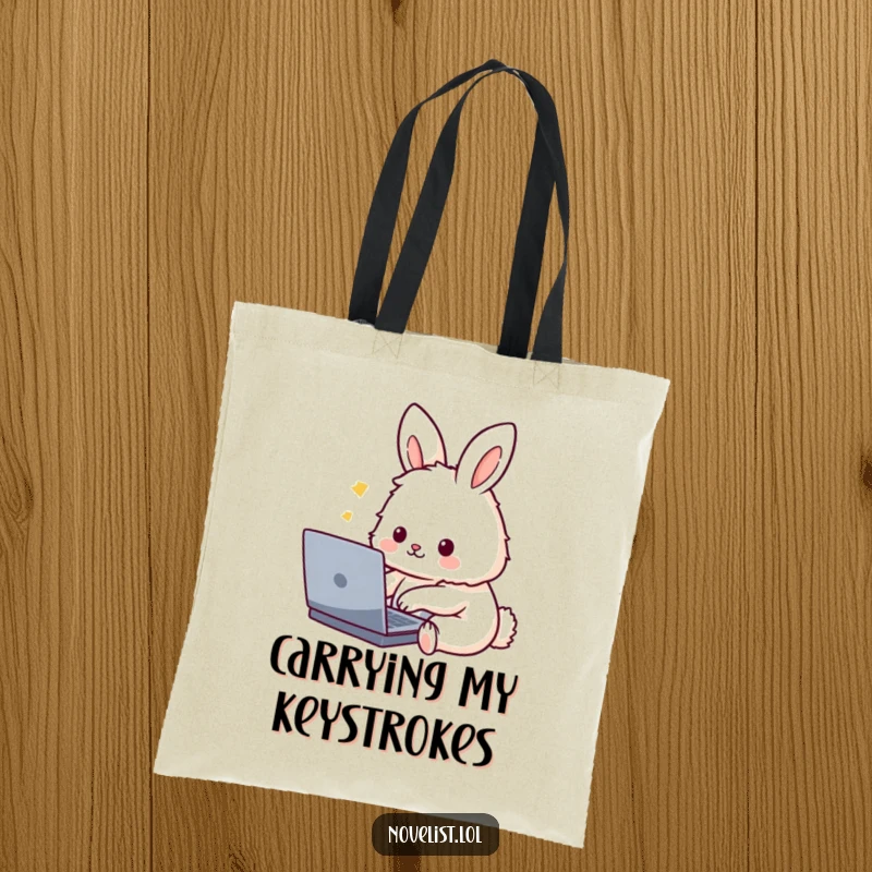 Funny Tote Bag: A cute, fluffy rabbit character enthusiastically typing on a laptop, designed for carrying essentials with humorous style.