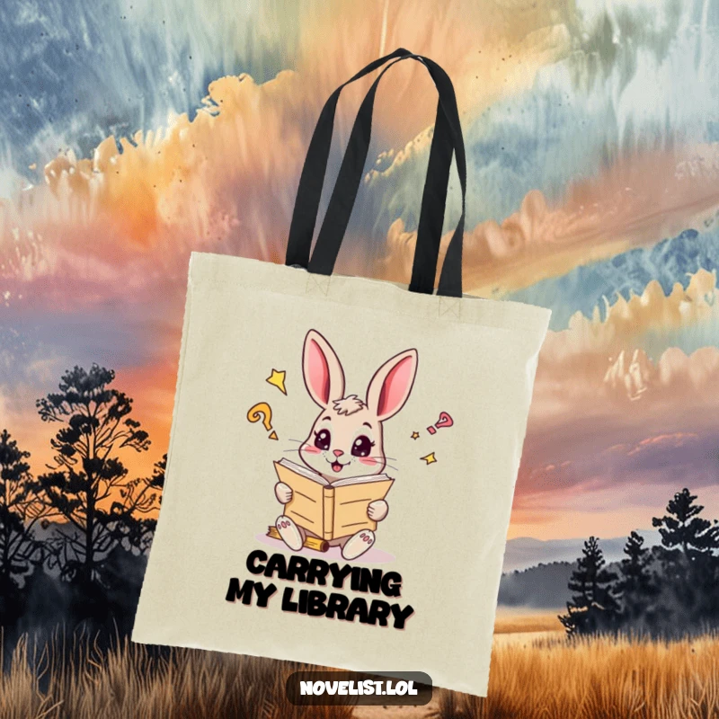 Funny tote bag showing a curious rabbit with sparkling eyes reading a giant manuscript, great for a funny gift.