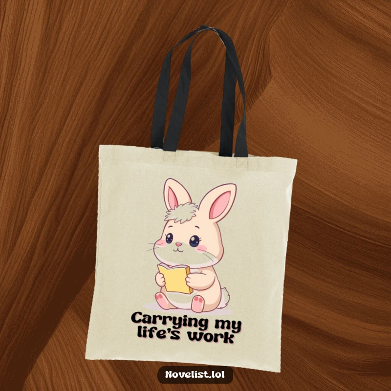 Funny Bunny Tote Bag: A thoughtful bunny holding a tiny manuscript, symbolizing literary pursuits and contemplation.
