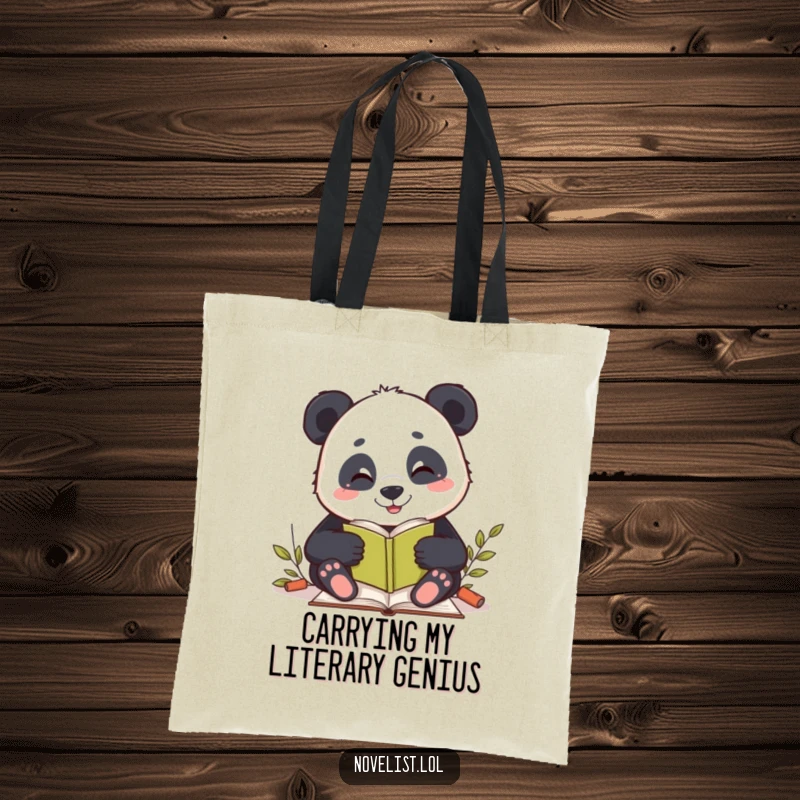 Funny tote bag featuring a cheerful panda writing a story, perfect for carrying books, supplies, and creative inspiration.