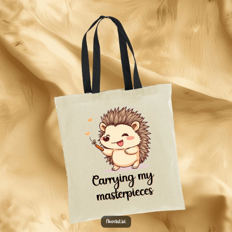 Funny tote bag with a small hedgehog gleefully adding a flourish to a drawing, perfect for art enthusiasts and lovers of cute designs.