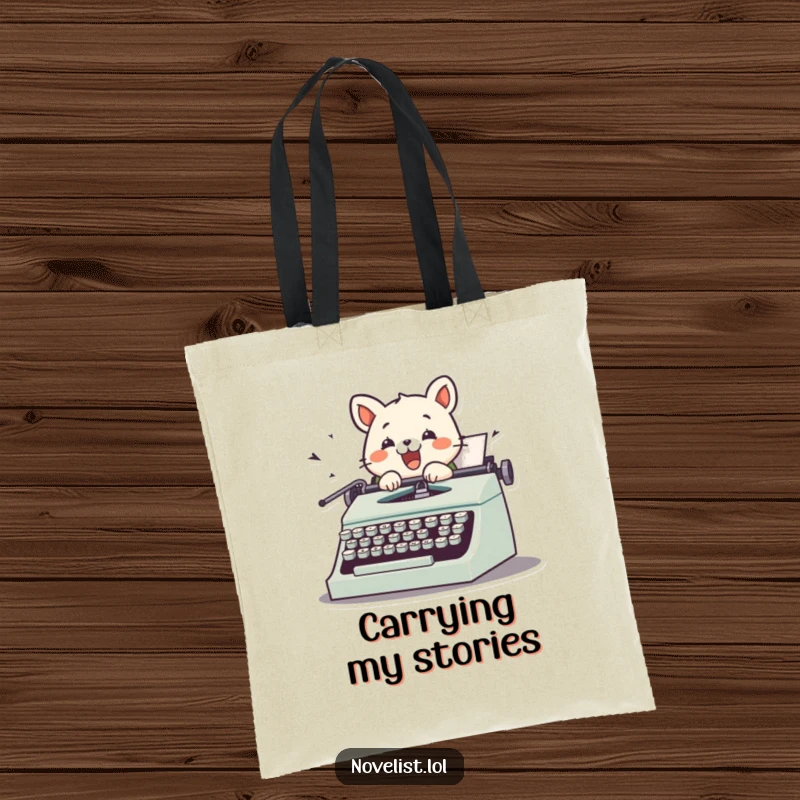 Funny tote bag showing a cute animal character typing with gusto on a vintage typewriter, keys scattered, a humorous and practical accessory.