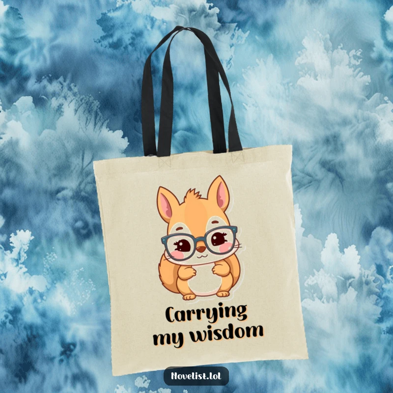 Funny tote bag with a kawaii squirrel character wearing reading glasses, looking inspired and ready to learn.