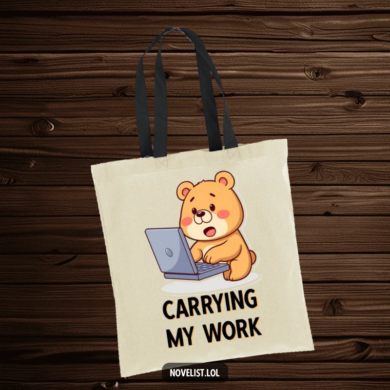 Funny Bear Typing Tote Bag: Cute bear types on laptop with curious expression, a practical and fun accessory.
