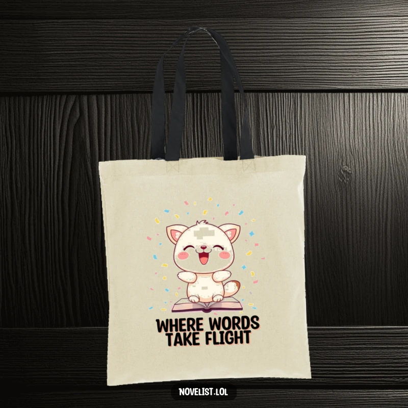 Funny tote bag showing an animal gleefully scattering book pages as confetti, ideal for carrying books and essentials with humor.