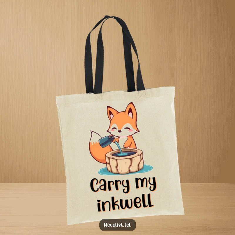 Funny Tote Bag: A happy fox animal character pouring ink from a bottle into a well, designed for carrying essentials with humorous artistic style.