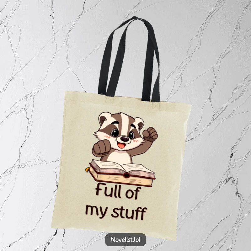 Funny cheerful badger character slamming a fist on a written page on a durable tote bag, ideal for carrying literary accomplishments humorously.