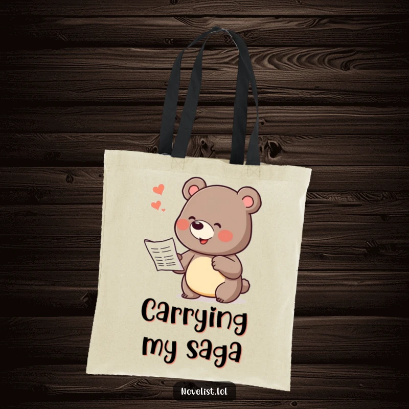 Funny tote bag with a playful bear character in the act of dramatically dictating a story, ideal for carrying books and everyday items.