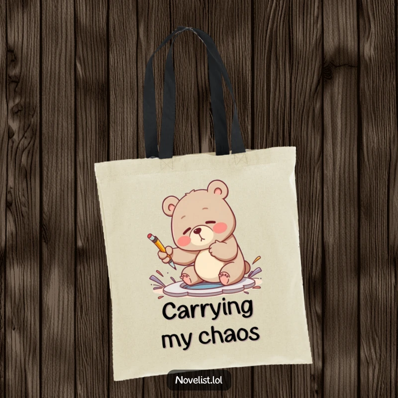 Funny tote bag featuring a clumsy bear trying to fix a plot hole with a pen, ideal for writers carrying their work.